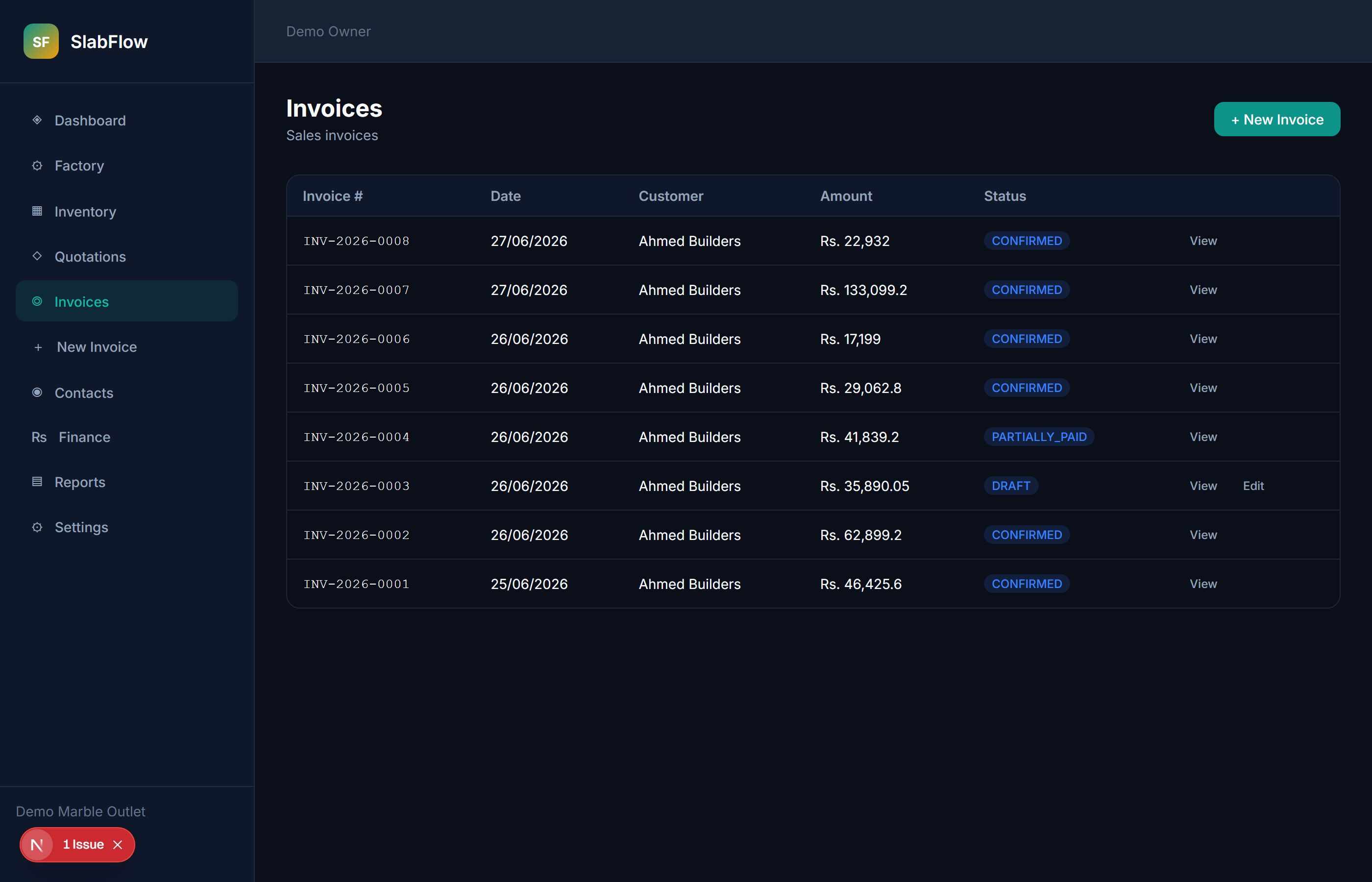 Invoice list with status and totals